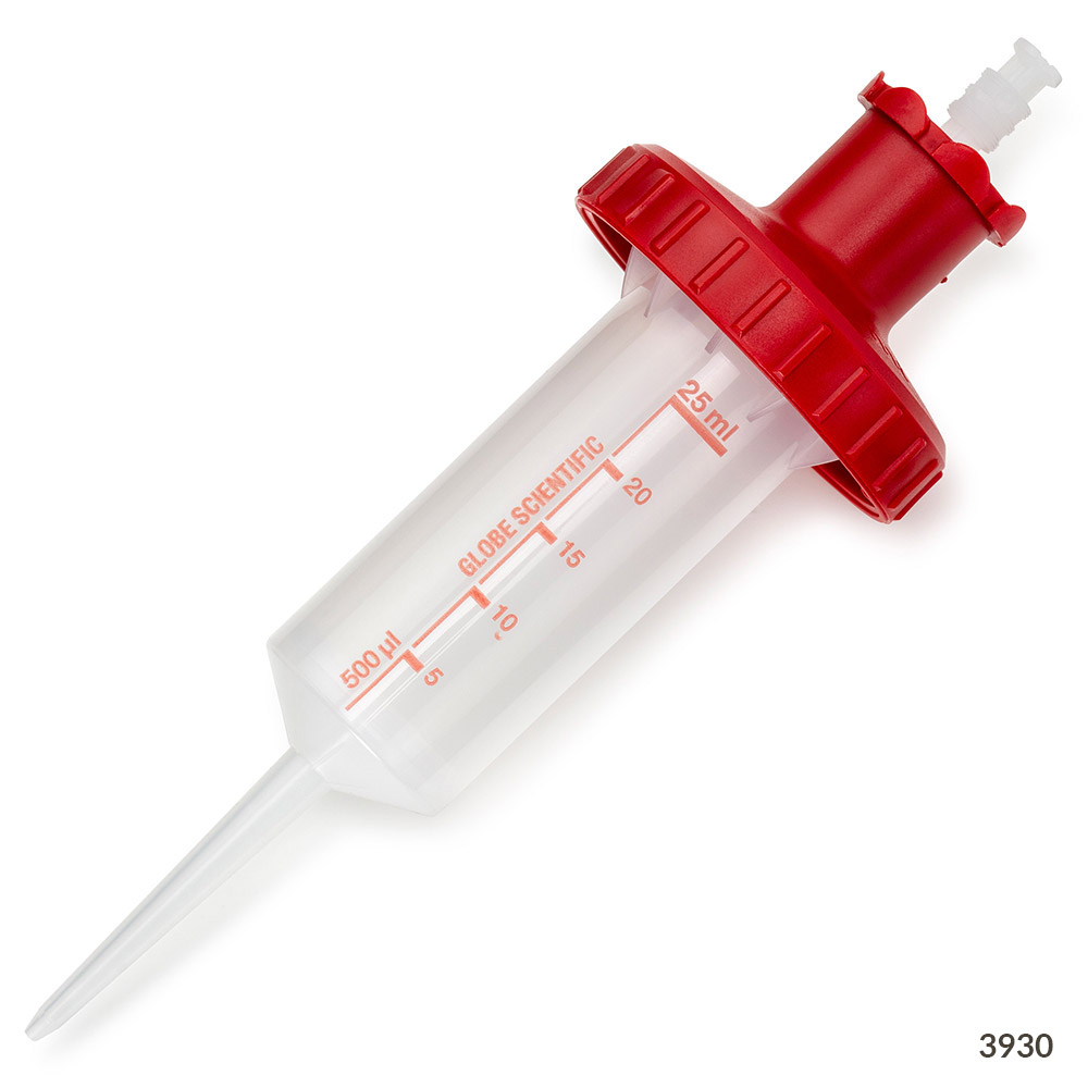 Globe Scientific RV-Pette PRO Dispenser Tip for Repeat Volume Pipettors, 25mL (1 Red Adapter Included) Repeater Pipet; Dispenser Tip; Syringe Tip; Dispenser Syringe; positive displacement